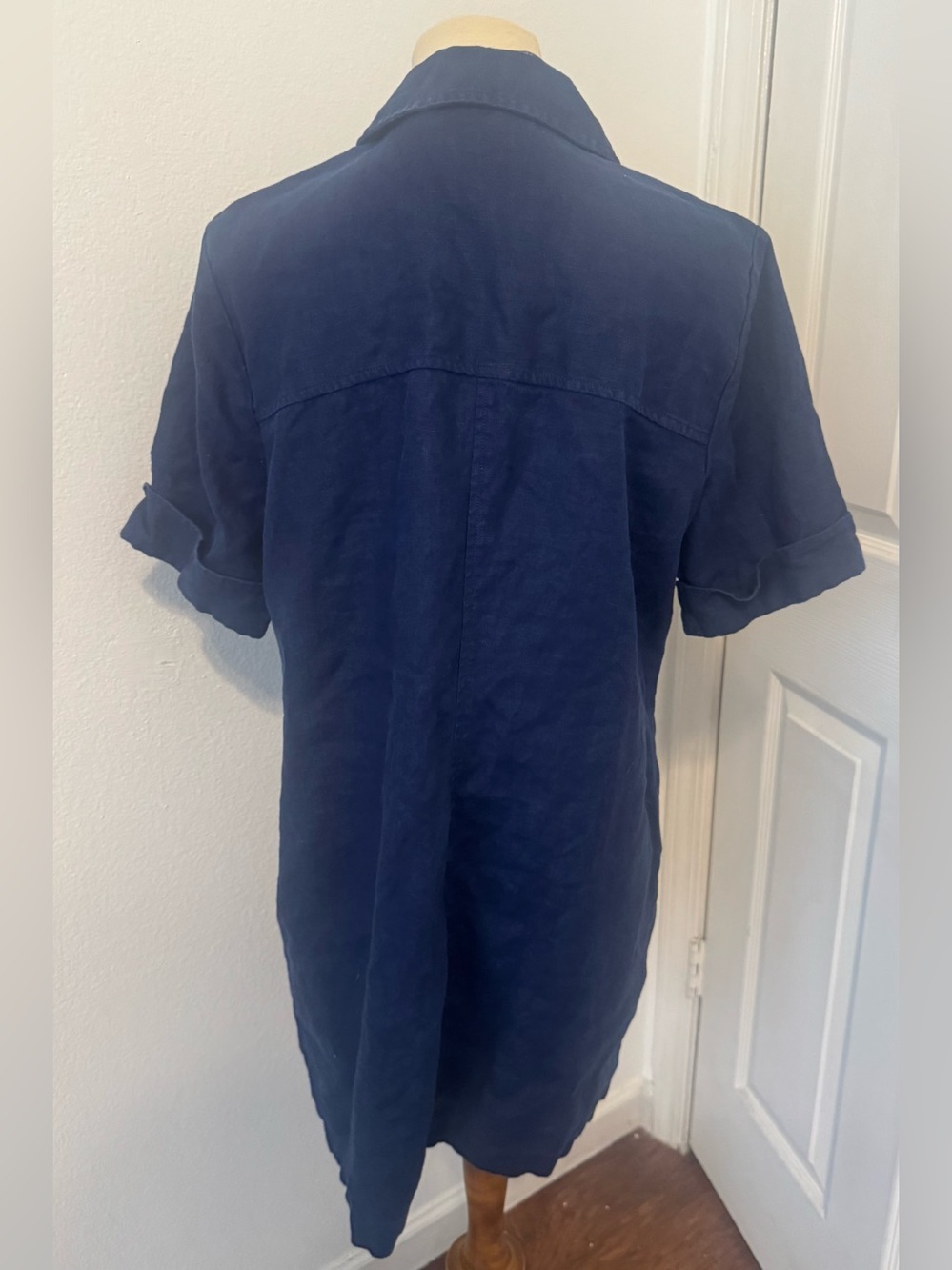 J.Crew Navy Gamine Linen Utility Shirtdress Gold Button Front 2024 Coastal Sz 12 - Picture 3 of 12